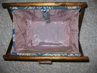 Vintage Knitting Sewing Folding Fabric Wood Frame Tote Storage Stand Caddy Blue 4