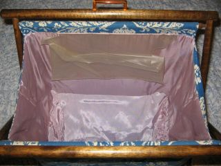 Vintage Knitting Sewing Folding Fabric Wood Frame Tote Storage Stand Caddy Blue 5