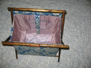 Vintage Knitting Sewing Folding Fabric Wood Frame Tote Storage Stand Caddy Blue 6