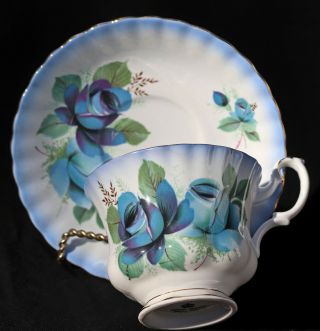 Royal Albert Deep Blue Roses China Teacup Saucer Gold Trim,  Vintage Very Pretty