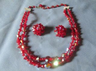 Vintage 2 Strand Red A/borealis Crystal Bead Necklace & Earrings Demi - Parure