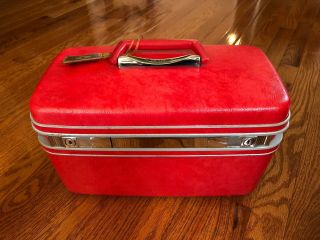 Vintage Samsonite Silhouette Coral Red Cosmetics Makeup Train Case Hard Luggage