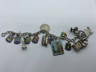 Vintage Sterling Silver Travel Charm Bracelet W/15 Charms Ny,  Wales More 40.  50g