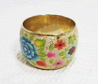 Vintage Hand Painted Floral Botanical Enamel Brass Wide Bangle Bracelet