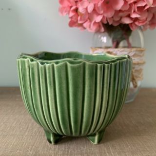 Vintage Mccoy Pottery Planter Flower Pot Mcp 612 Round Ribbed Green 3 3/4 " T