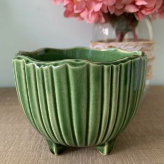 Vintage McCoy Pottery Planter Flower Pot MCP 612 Round Ribbed Green 3 3/4 