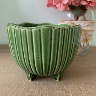 Vintage McCoy Pottery Planter Flower Pot MCP 612 Round Ribbed Green 3 3/4 