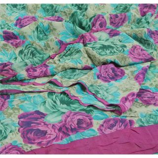 Sanskriti Vintage Green Saree Pure Georgette Silk Printed Sari Craft 5 Yd Fabric