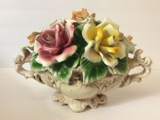 Vintage Large Capodimonte Flower Basket Roses Tabletop Centerpiece Made In Italy