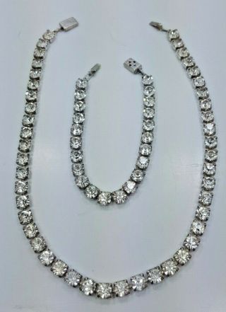 Vintage Sterling Silver Clear Rhinestone Necklace Choker And Bracelet Set