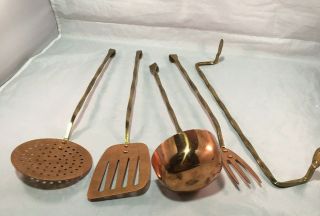 Vtg French Kitchen Copper Utensils Fork Fish Slice Spoon Skimmer Brass Rail 14 "
