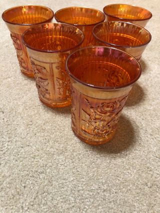 Vintage 6 Imperial Carnival Glass Tumblers.  Marigold Luster Rose Pattern