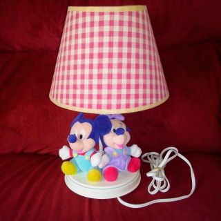 Vintage Mickey & Minnie Mouse Nursery Lamp Red Gingham Checked Shade 1989
