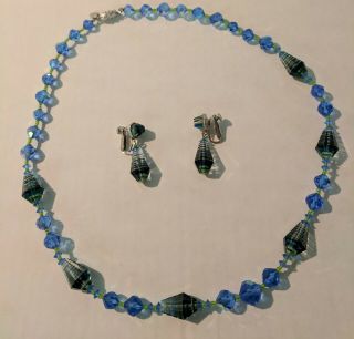 Vintage Vendome Blue Crystal Beads Necklace And Earrings Set