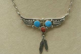 Vintage Navajo Sterling Silver Turquoise And Coral Signed Rb Robert Becenti