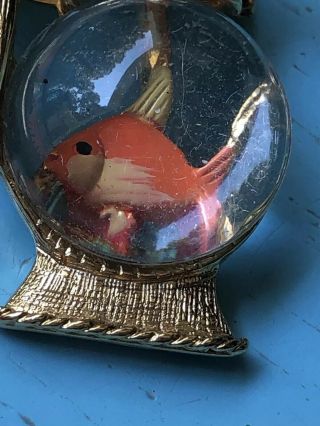 Vintage Signed Gold Crown Kitty Cat Jelly Lucite Enamel Fishbowl Pin Brooch