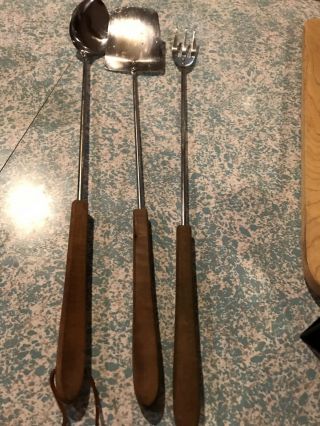 Vintage Bbq Grill Utensils Tool Set 21” Wooden Handle Spoon,  Spatula &fork