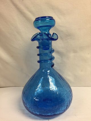 Vintage Blue Hand Blown Crackle Glass Decanter Applied Coil Glass 9 1/2 "