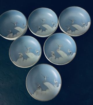 Six Vintage Hand Painted Mitsu - Boshi Nippon Blue W White Cranes Sm Candy Bowls