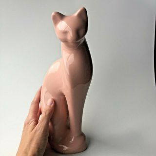 Vintage Tall Pink Ceramic Cat - Pottery Figurine Statue Sitting Art Deco Decor