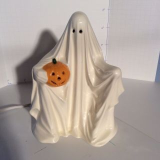 Vintage 8” Ceramic Light Up Ghost With Pumpkin Jol Halloween 1984