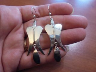 Vtg Sterling Silver Long Bird Dangle Hook Earrings 13.  2 Grams Mexico