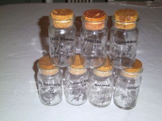 Vintage Wheaton Glass Spice Bottles W|corks And Graphics Seven | 1970 