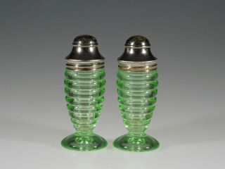 Vintage Hazel Atlas Glass Company Green Wide Rib Salt & Pepper Set C.  1935