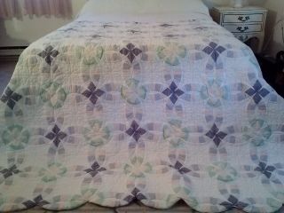 VINTAGE HAND QUILTED PIECED&SEWN WEDDING RING PATTERN PATCHWORK QUILT - 82X82 - 4
