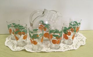 Vintage Anchor Hocking Tomato/ Orange Juice Ball Pitcher 6 Juice Glasses