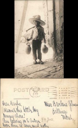 Mexico 1919 Rppc Mexican Boy With Water Jugs Real Photo Post Card Vintage