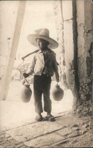 Mexico 1919 RPPC Mexican boy with water jugs Real Photo Post Card Vintage 2