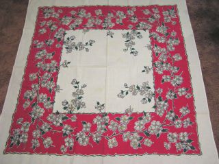 Vintage Cotton Tablecloth Grey Dogwood And Green Leaves On Red Border 1950s