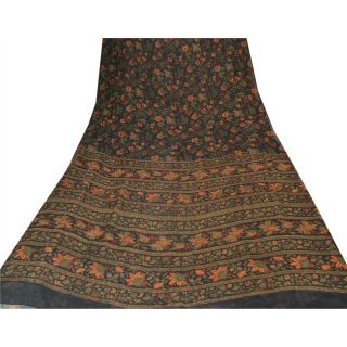 Sanskriti Vintage Black Saree Pure Chiffon Silk Printed Sari Craft Deco Fabric 3