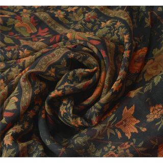Sanskriti Vintage Black Saree Pure Chiffon Silk Printed Sari Craft Deco Fabric 7