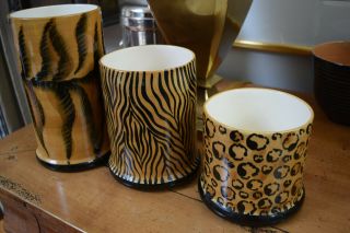 3 Vintage Ceramic Vases Safari Ware By Laurie Gates Animal Prints Vgc Jungle