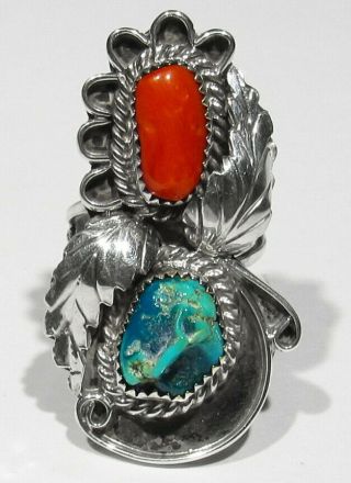 Large Vintage Signed Navajo 925 Silver Natural Turquoise Coral Feathers Ring 6.  5