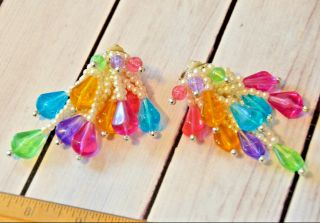 Huge Vintage Colorful Pearl Bead Clip Earrings Drop Dangle Cluster