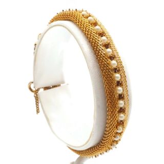 Vintage Retro Fashion Gold Tone Mesh Chain Costume Bracelet W Pearl Seed Beads