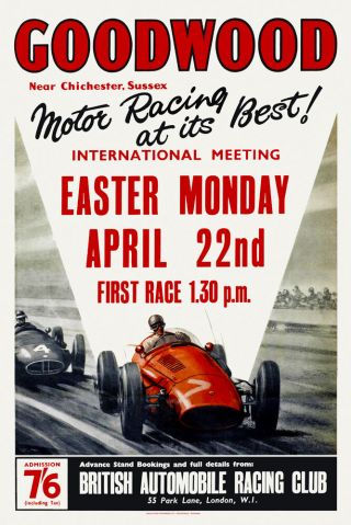 Vintage English Motor Racing Poster 1950s Goodwood Circuit Moss Fangio Retro