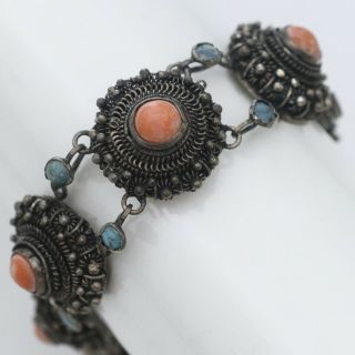 Vintage Chinese Sterling Silver Filigree Natural Coral Turquoise Bracelet