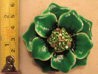 Vintage 60 ' s Large Flower Enamel Glass Crystal Rhinestone Pin Brooch Green 2