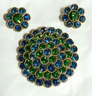 Vintage Signed Lisner Bright Green And Blue Rhinestone Brooch And Earrings Set