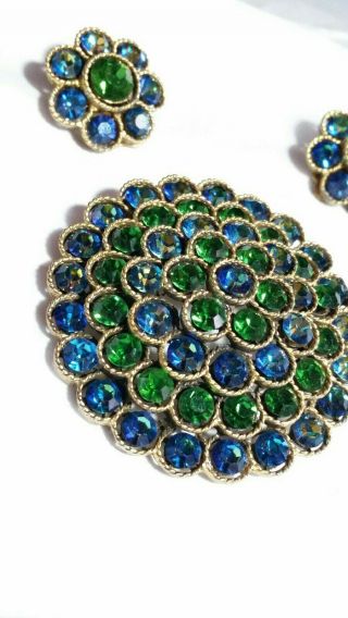Vintage signed Lisner Bright Green And Blue Rhinestone Brooch And Earrings Set 2