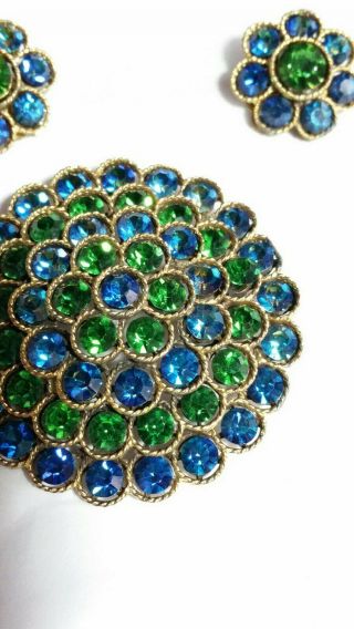 Vintage signed Lisner Bright Green And Blue Rhinestone Brooch And Earrings Set 3