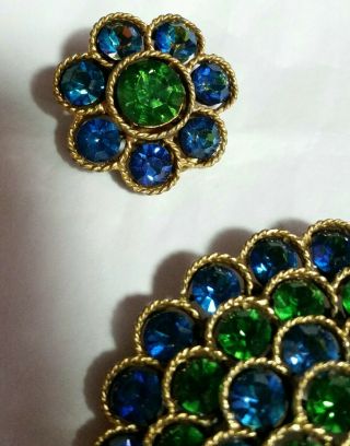 Vintage signed Lisner Bright Green And Blue Rhinestone Brooch And Earrings Set 4