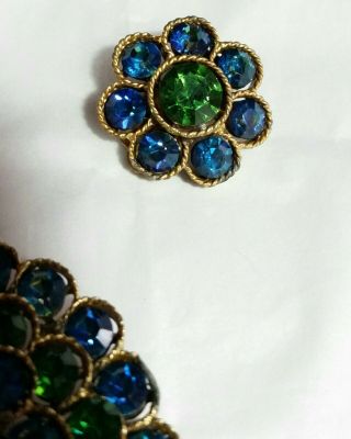 Vintage signed Lisner Bright Green And Blue Rhinestone Brooch And Earrings Set 5