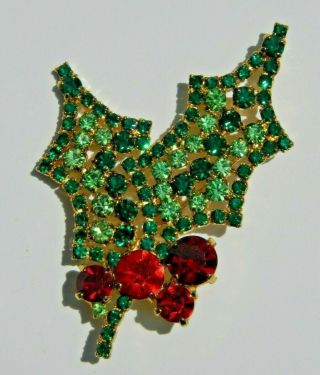 Vintage Brooch Pin Rhinestone Christmas Holly Red Green