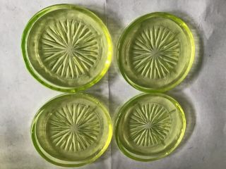 Vintage Set Of 4starburst Design Uranium Green Depression Glass Drink Coasters