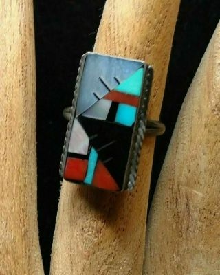 Vintage Zuni Sterling Silver 925 Inlay Turquoise Coral Mop Jet Ring